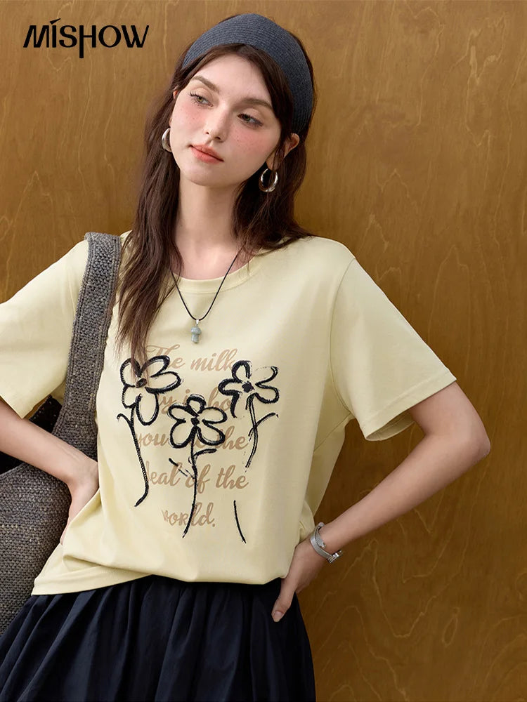 Mishow Embroidered Flower Round Neck Tee MXE33T0498