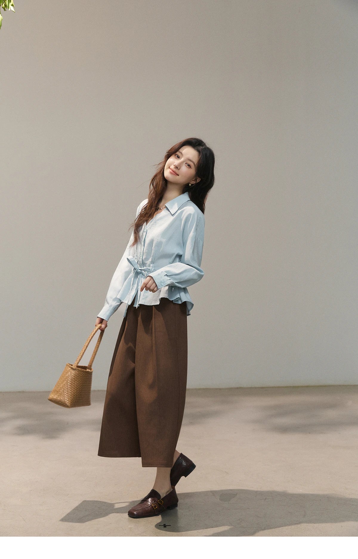 MISHOW Light Blue Lyocell Shirt V-Neck Belted Waist MXF13C2437
