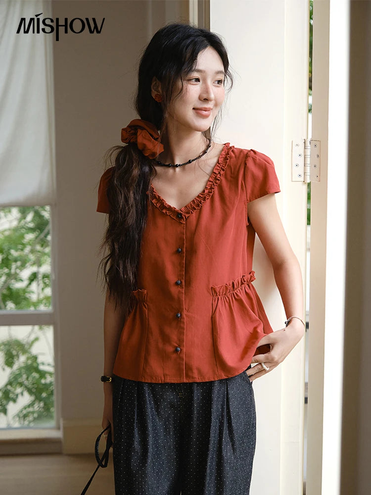 MISHOW Mushroom Edge V-Neck Blouse Button Short Sleeve MXE38X1867