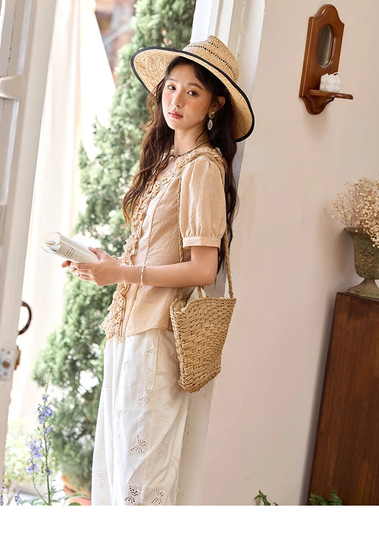MISHOW V-Neck Blouse Puff Sleeve Fungus Edge Slim MXE35X1841