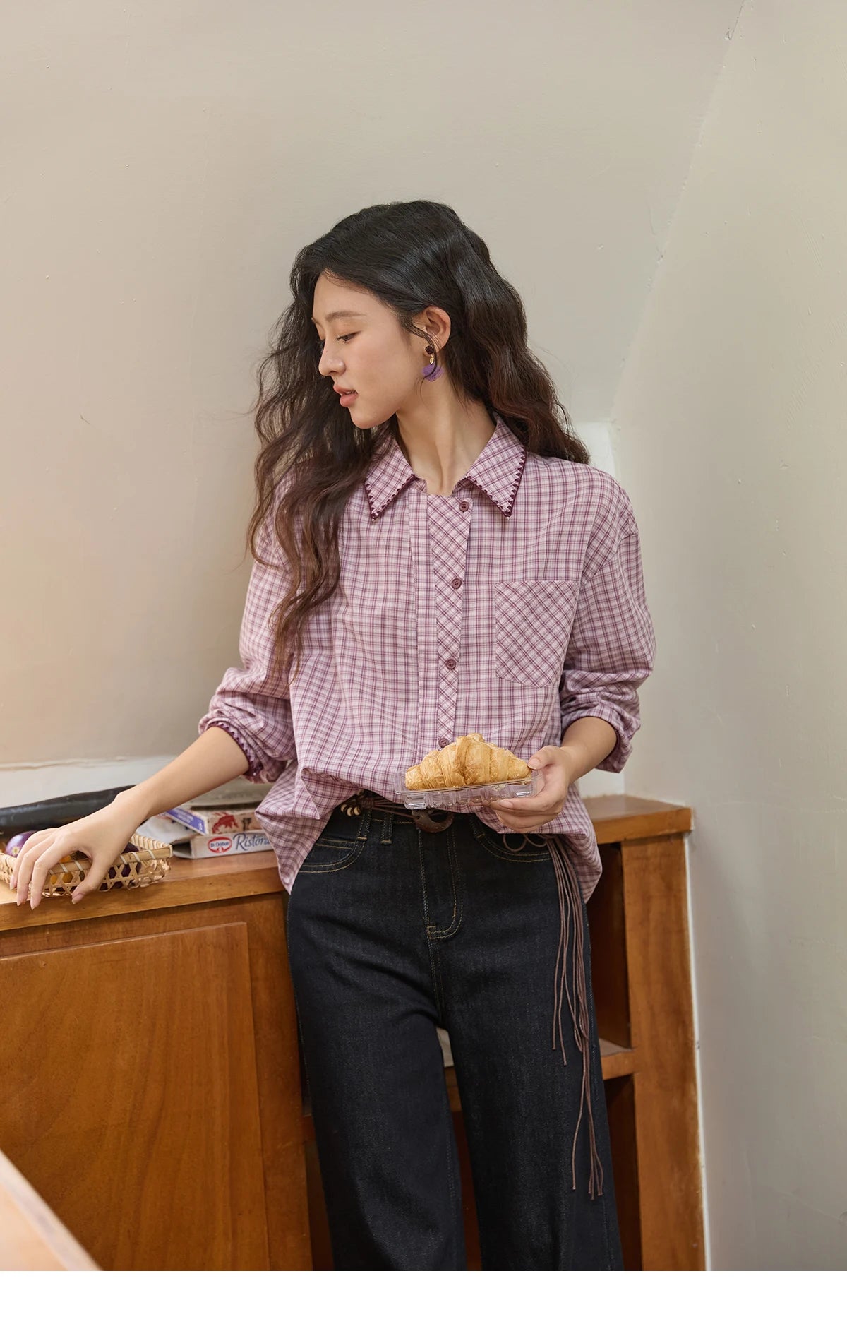 MISHOW Purple Plaid Shirt Contrast Embroidery Pocket MXE44C2394