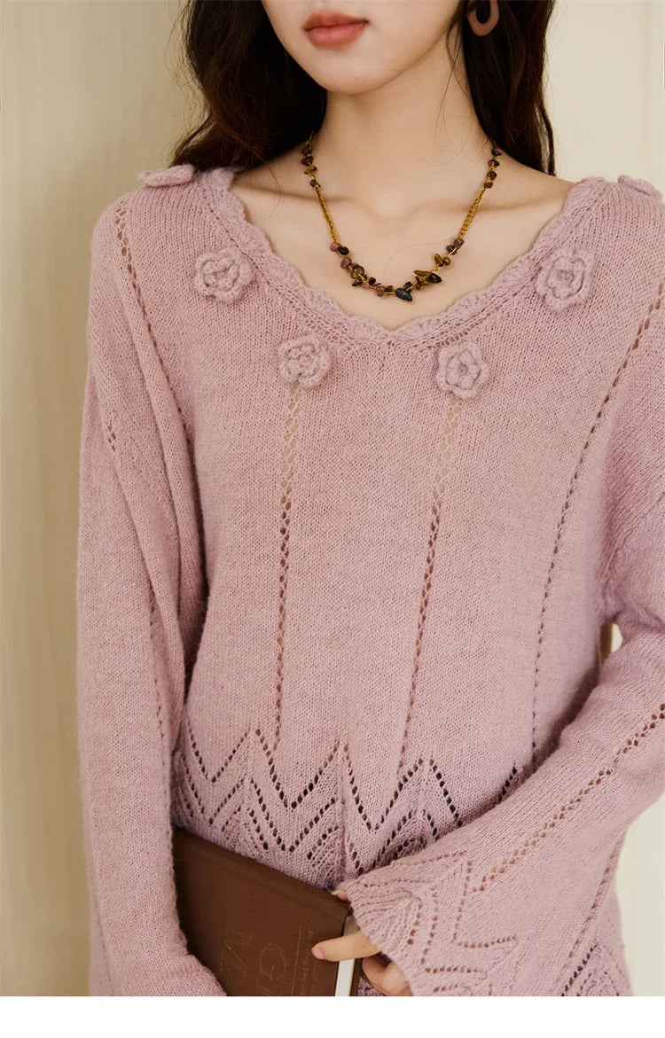 Mishow Purple Hollow Wave V-Neck Crochet Pullover MXE45Z1391