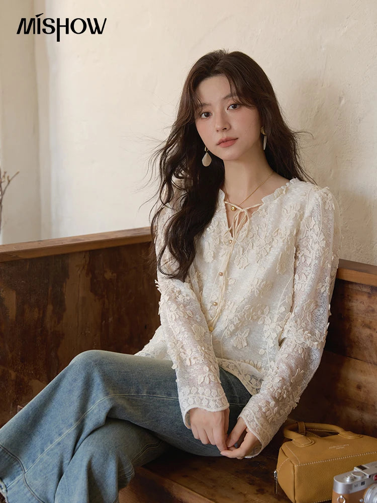 MISHOW Lace Jacquard Embroidered Shirt Black Fungus Edge MXE41X1927