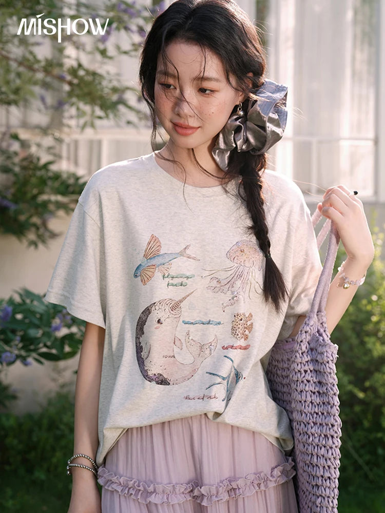 Mishow Cartoon Print Loose Cotton Tee MXE36T0575