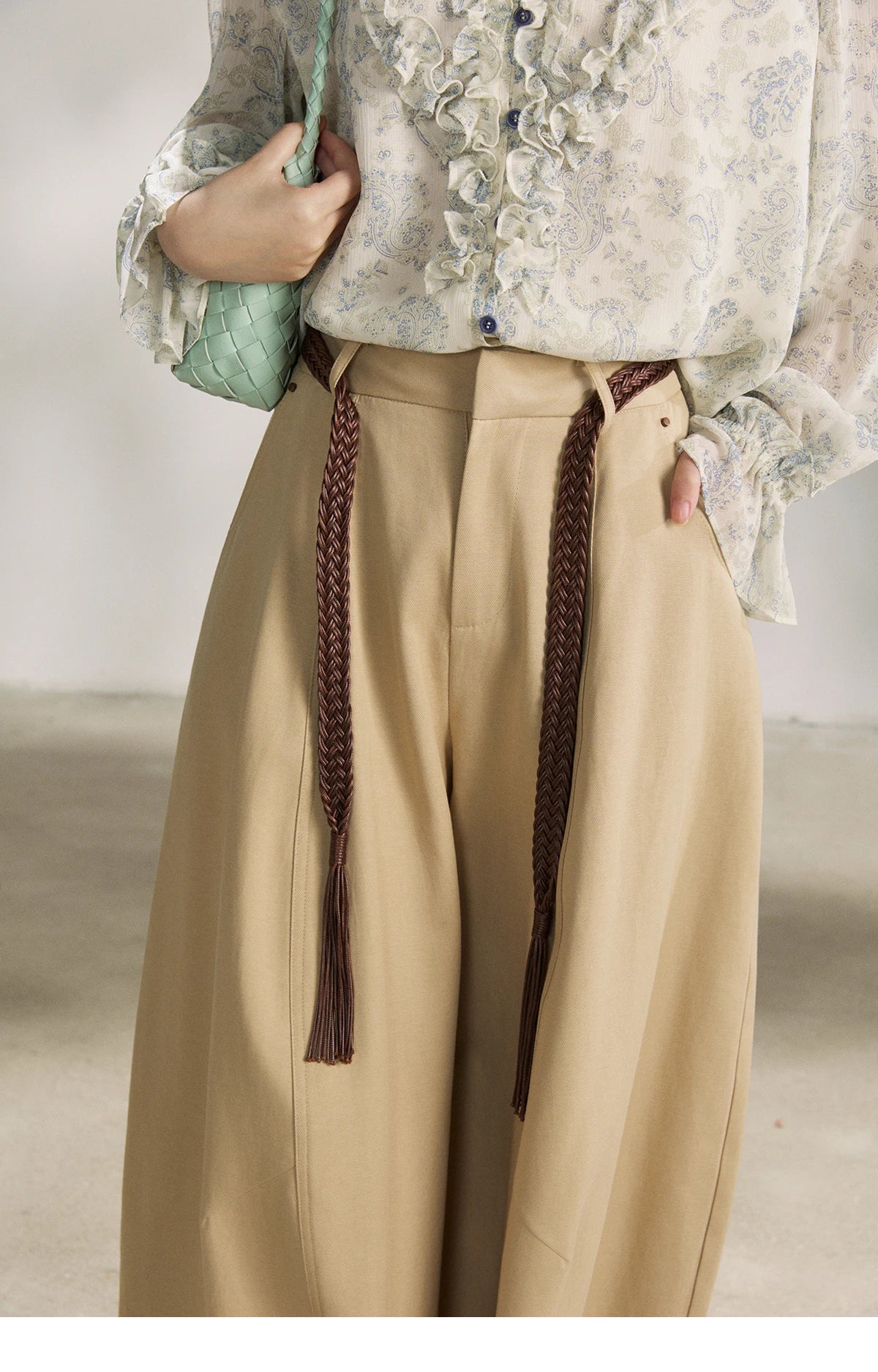 MISHOW Khaki Wide Leg Pants High Waist Belted Rear Pocket MXF13K1237