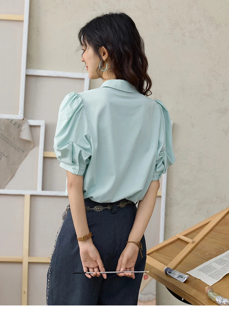 MISHOW Light Green Bubble Sleeve Shirt Lapel Collar Irregular Buttons MXE34C0788