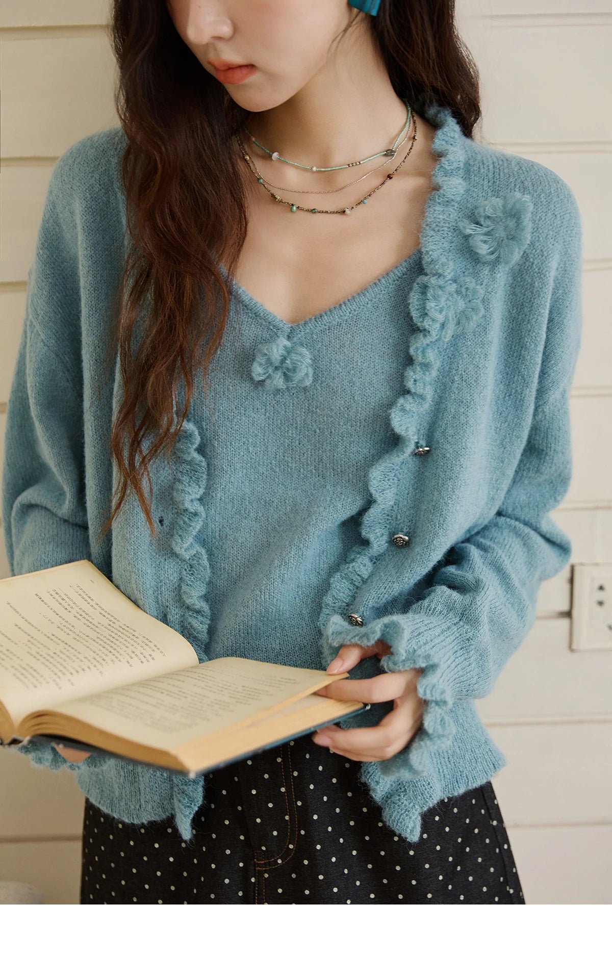 Mishow Blue Lotus Leaf Edge Cardigan & Camisole Set MXE45T1377