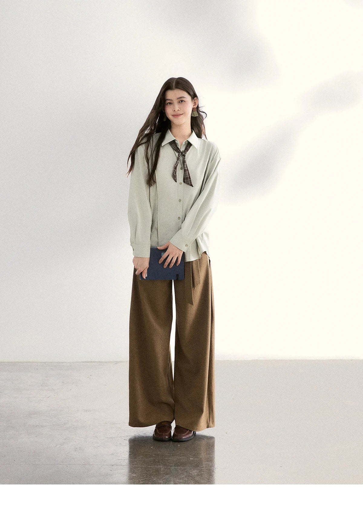 MISHOW Casual Loose Shirt with Plaid Scarf Lapel Top MXF108C0815