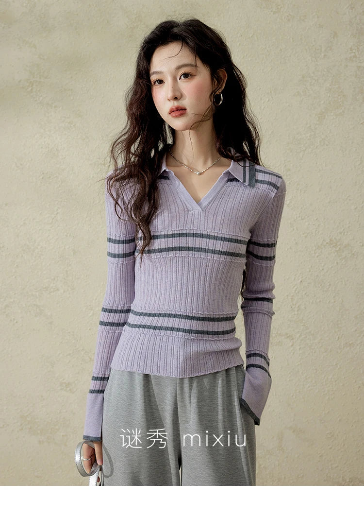 Mishow Contrast Color Striped V-Neck Trumpet Sleeve Top MXE13Z1141