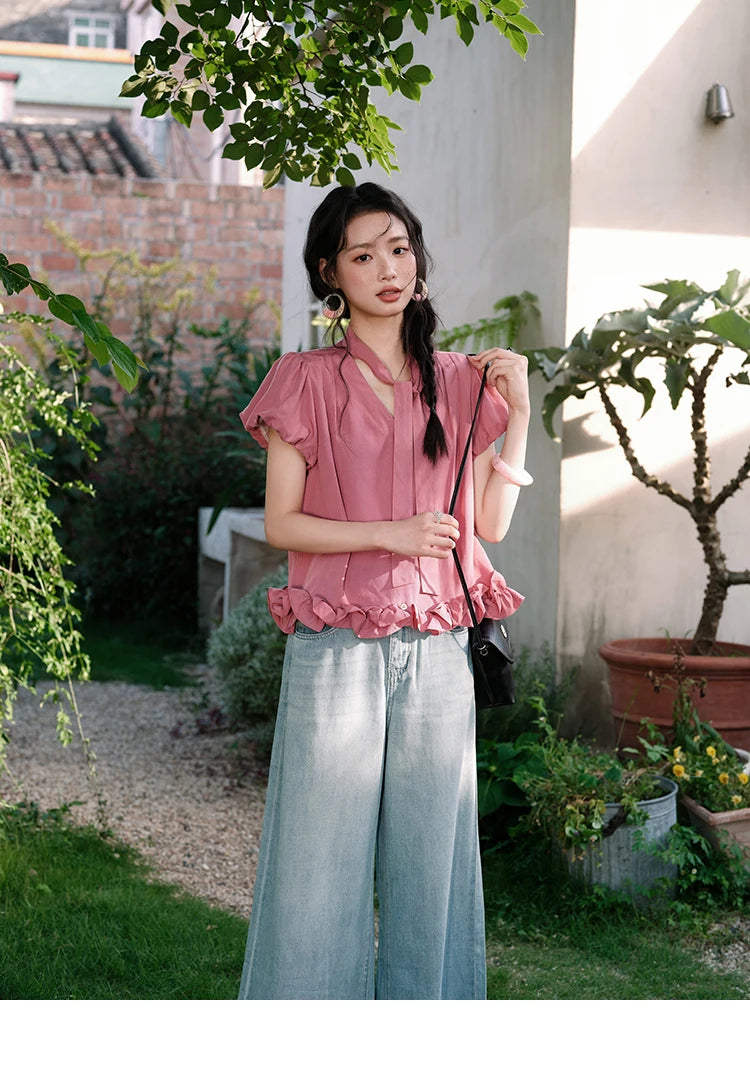 MISHOW V-Neck Puff Sleeve Blouse Lace Up Button Sweet MXE38X1914