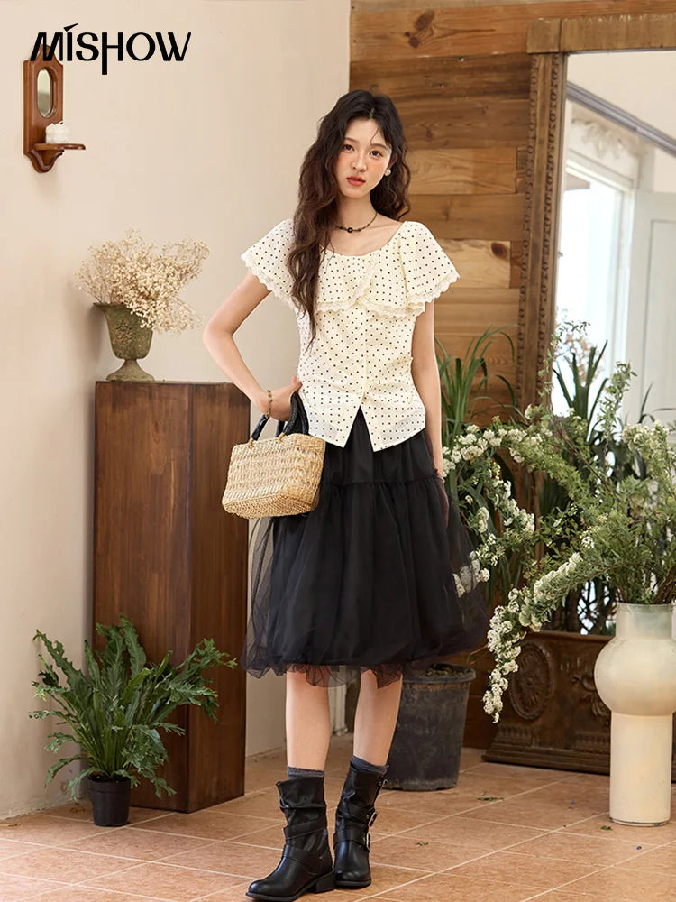 MISHOW Apricot Polka Dot Shirt Ruffle Edge Patchwork Lace MXE34X1783