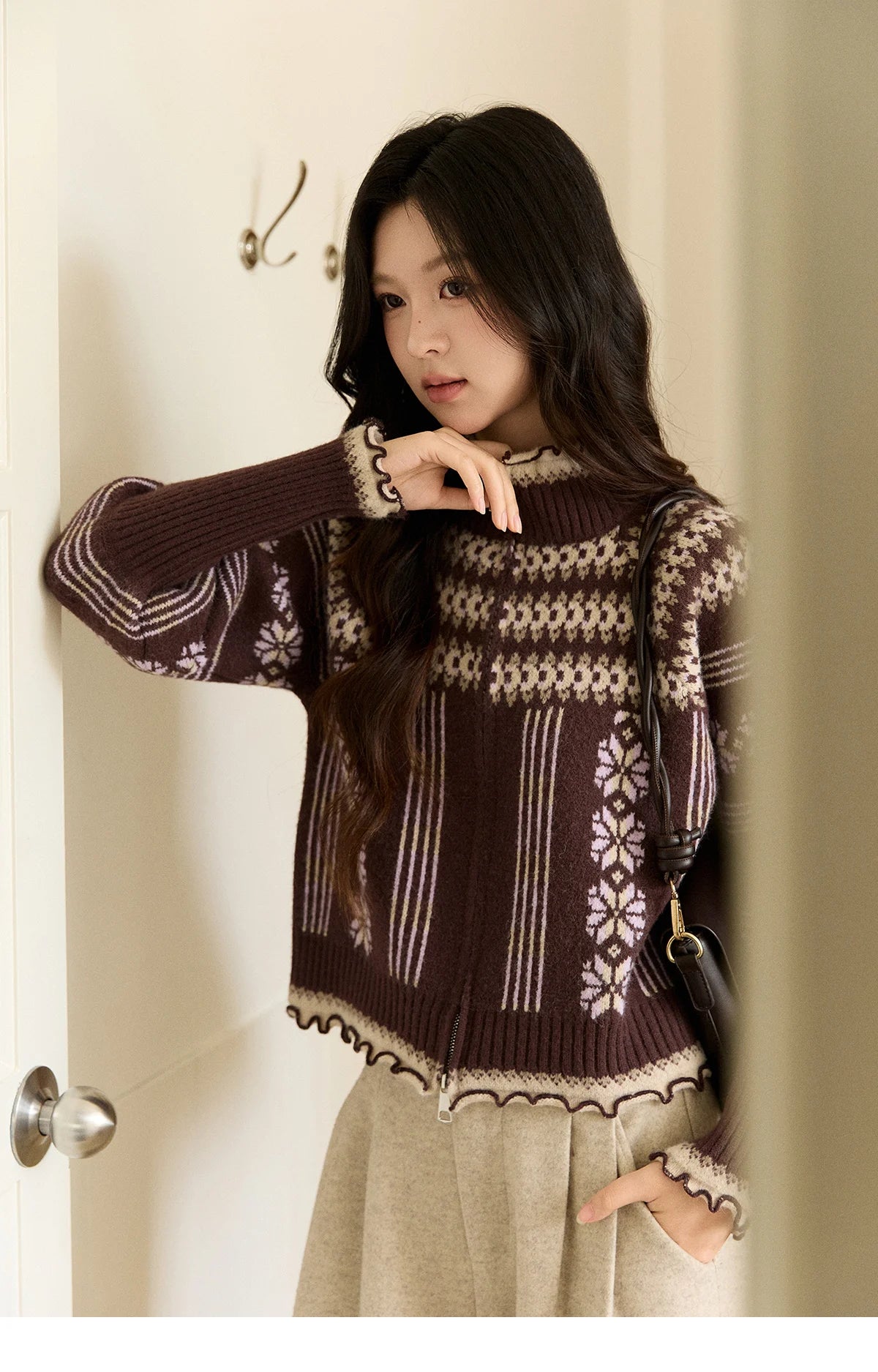 Mishow Brown Fair Isle Lantern Sleeve Zipper Top MXE91Z2868