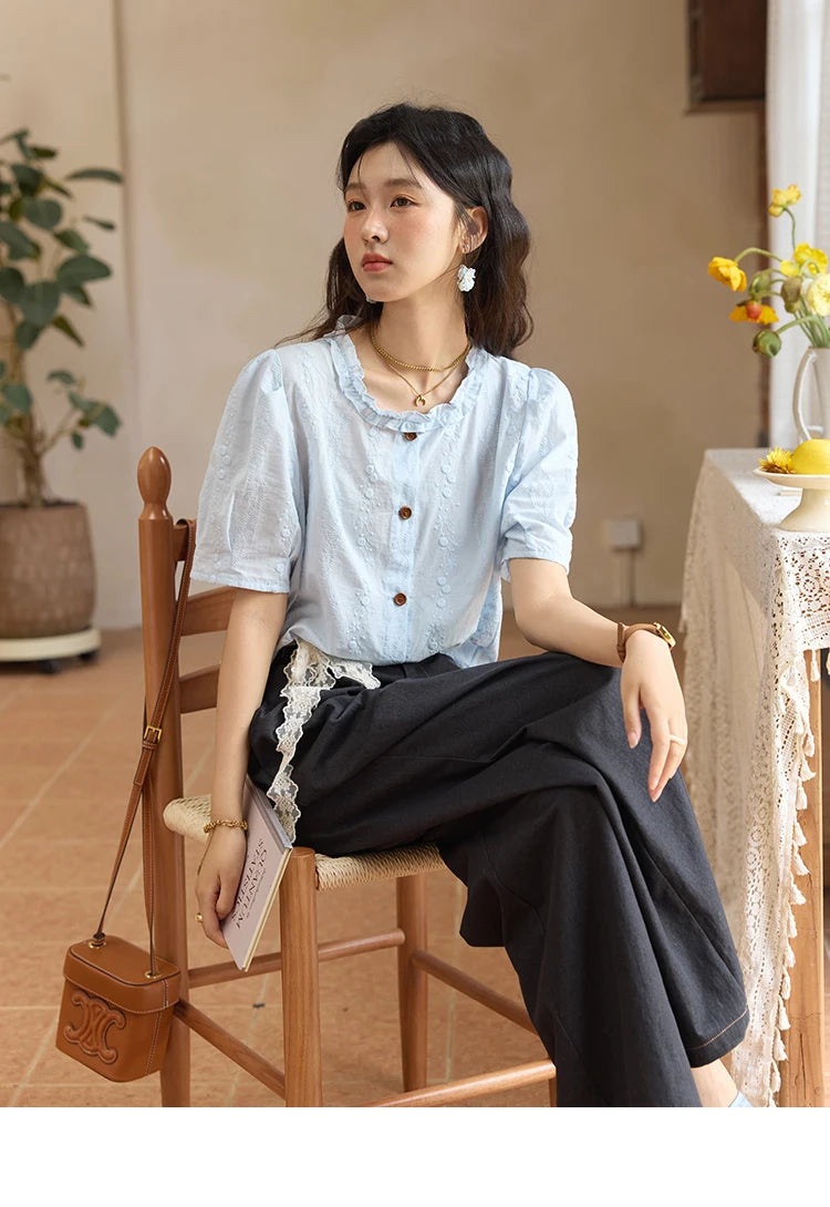 MISHOW 100% Cotton Puff Sleeve Shirt Round Neck Button MXE36X1873