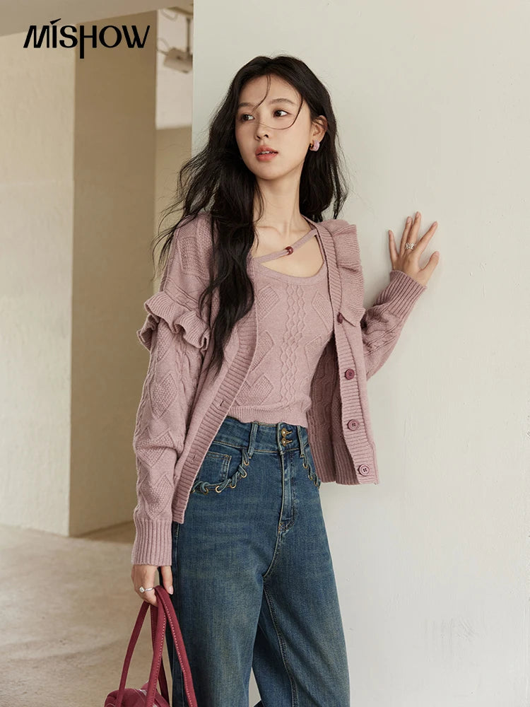 Mishow Pink Asymmetric Flounce Knit Vest Set MXD45Z0781