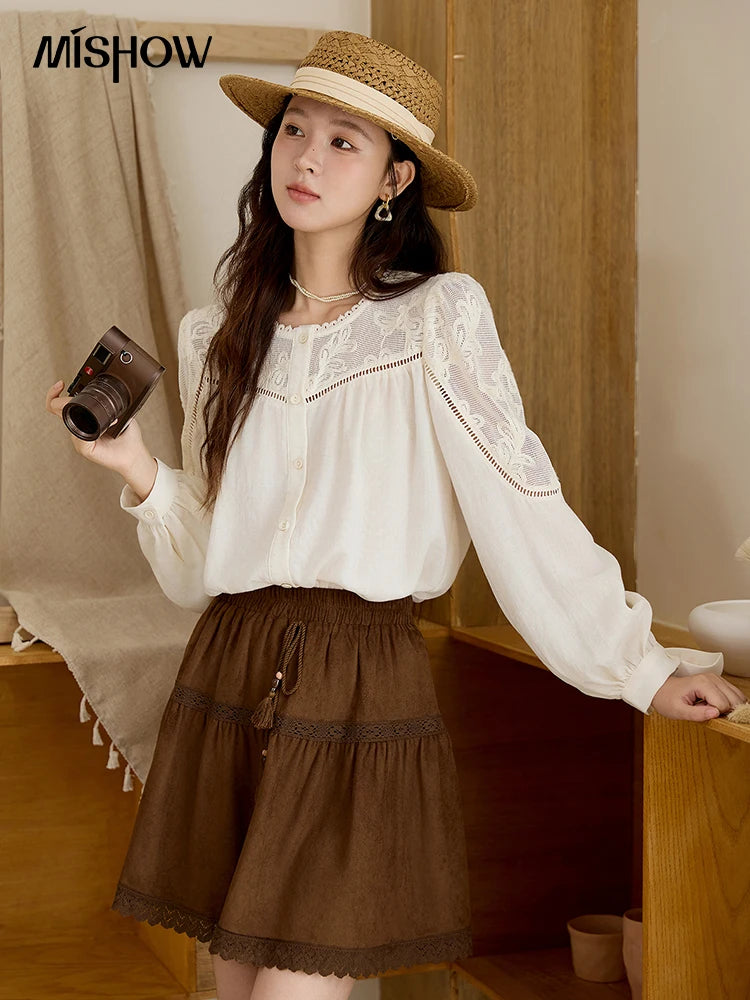 MISHOW Beige Hollow Out Embroidery Shirt O-Neck MXE44X2498