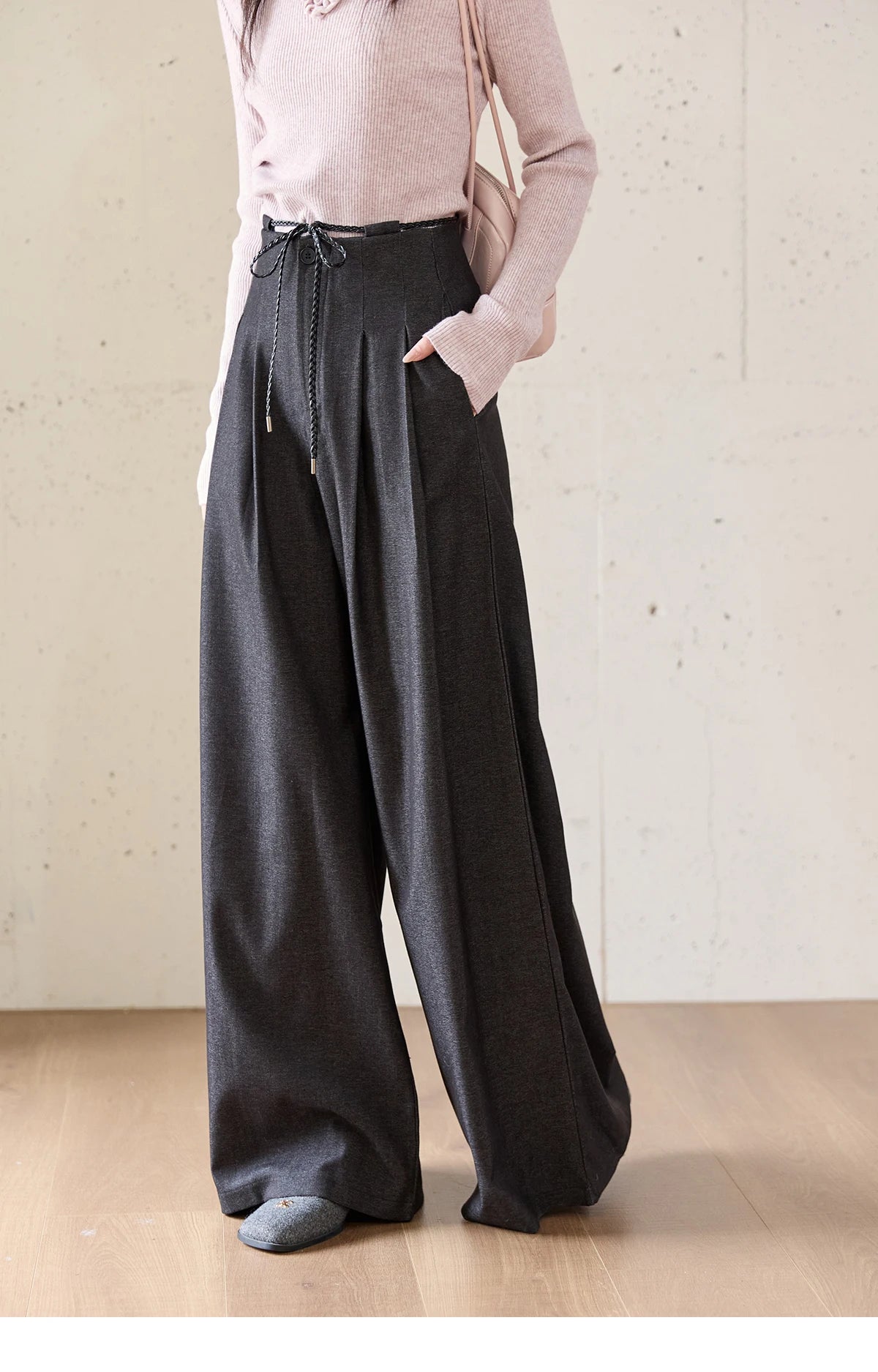 MISHOW Gray Wide-Leg Pants Lace-Up High Waist Slim MXE51K1106