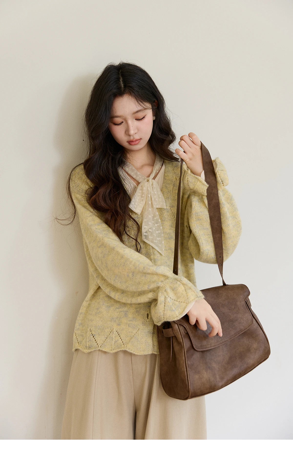 Mishow Marled Yellow Mohair Flare Sleeve Cardigan MXF108Z1021