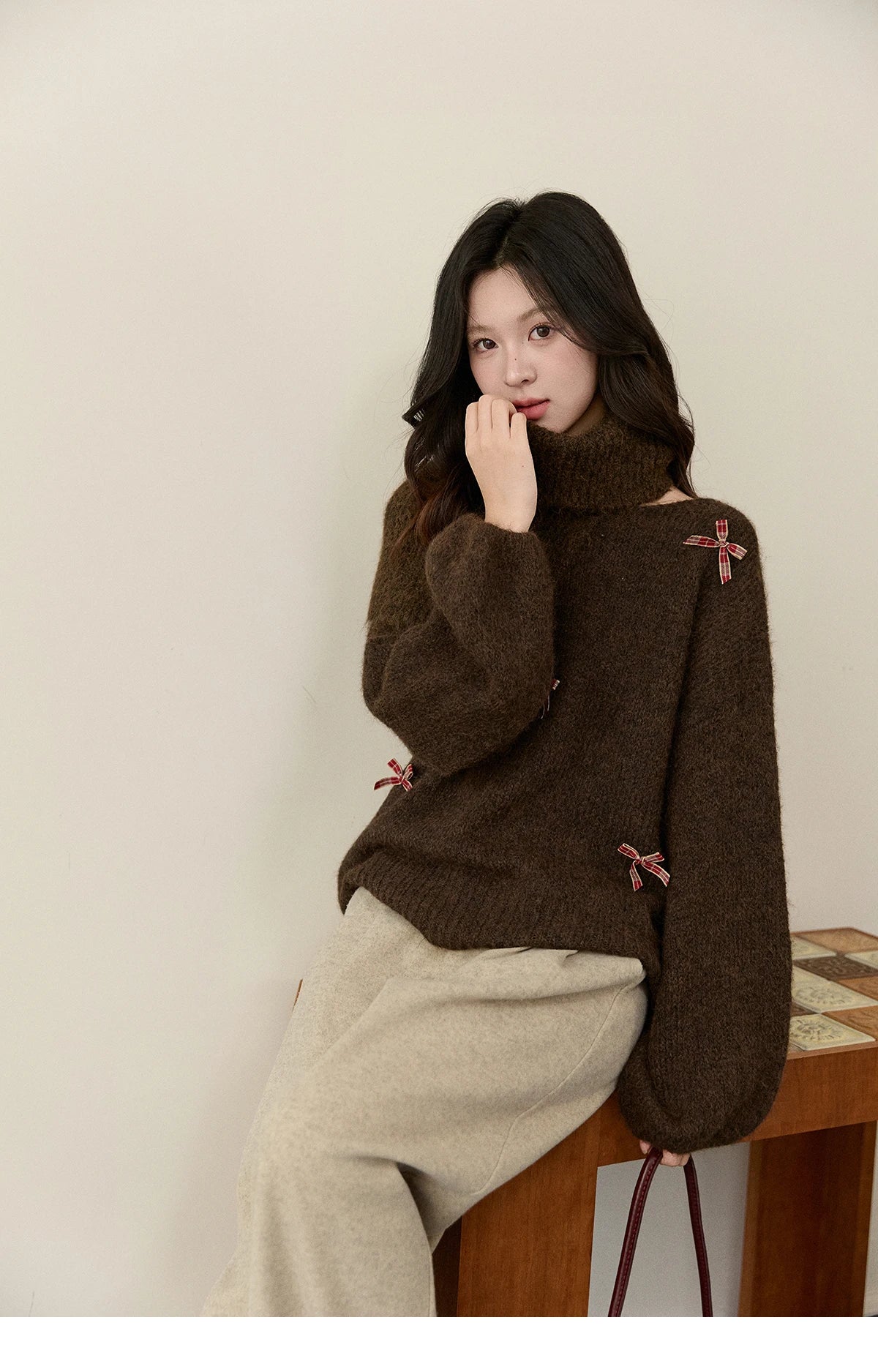 Mishow French Plaid Bow Detachable Shawl Collar Sweater MXE93Z2946