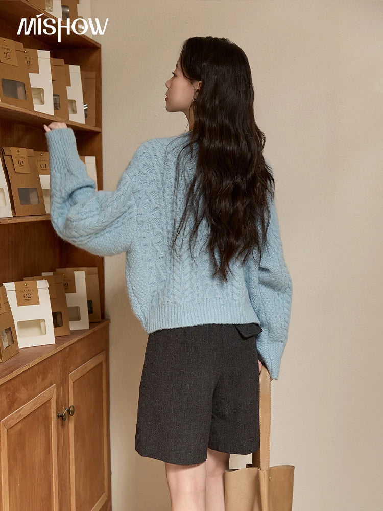Mishow Light Blue Retro Crew Neck Pocket Cardigan MXE49Z2614