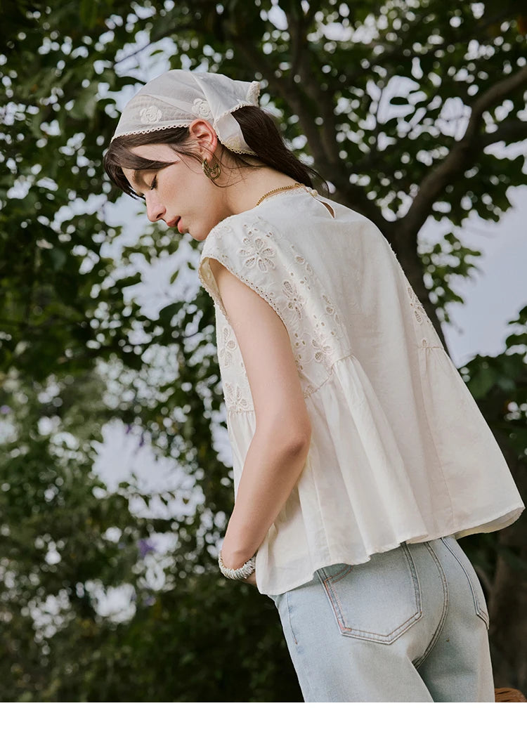 MISHOW Solid Short Flying Sleeve Blouse Round Neck Hollow Lace MXE33X1778