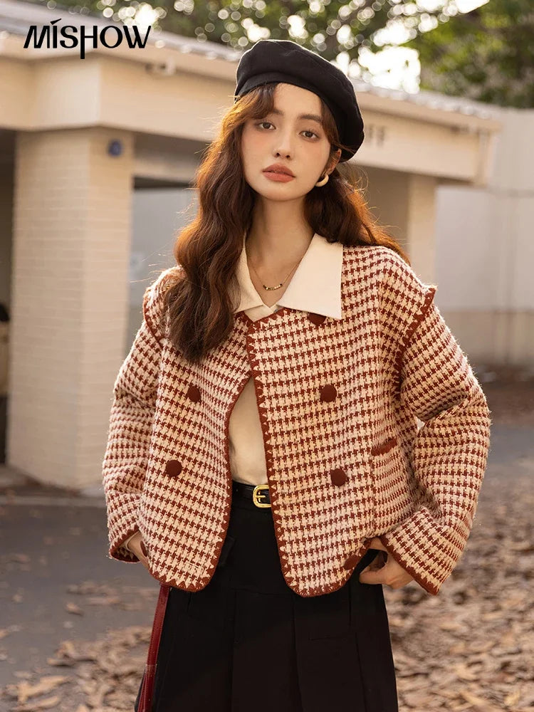 Mishow Elegant Plaid Wool Blend Short Coat MXB42W0479