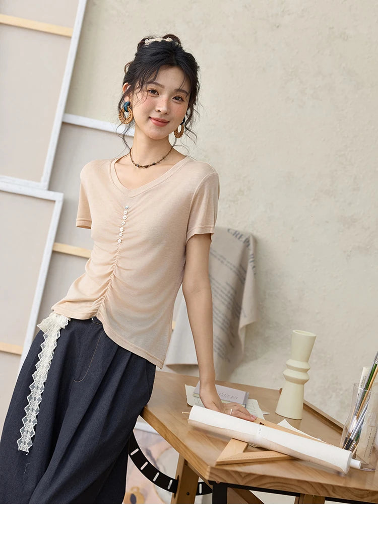 Mishow V-Neck Front Elastic Shell Button Tee MXE34T0560