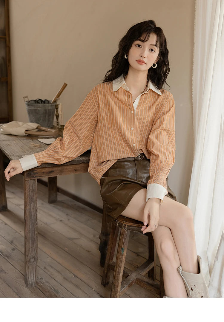 MISHOW Loose Striped Shirt Contrasting Lapel Patchwork MXD41C0286