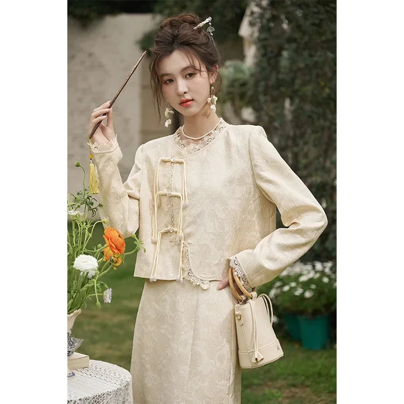 Mishow Chinese Lace Edge Jacket & Front Split Midi Skirt Set MXD15W0370