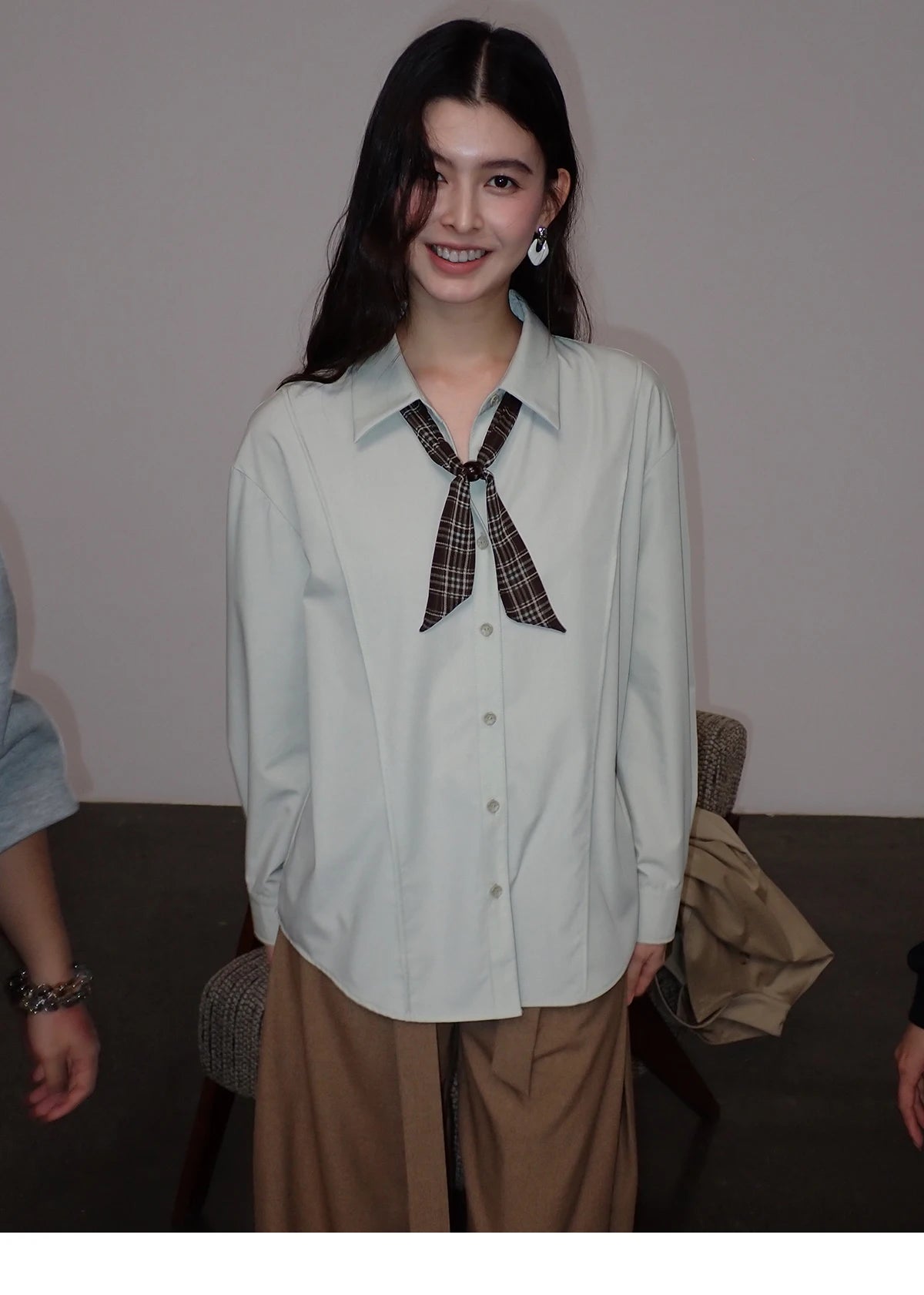 MISHOW Casual Loose Shirt with Plaid Scarf Lapel Top MXF108C0815