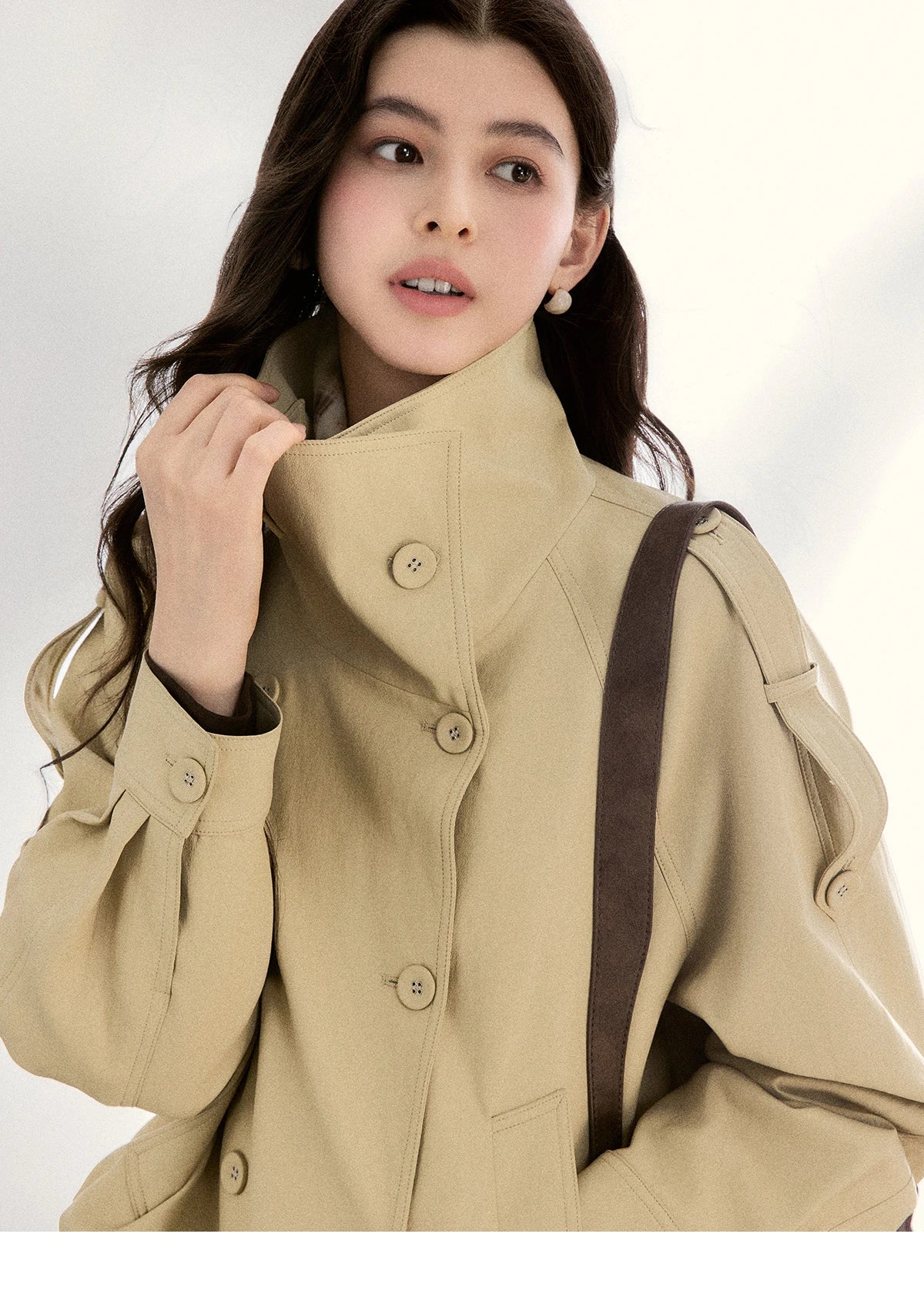 MISHOW Khaki Cropped Leather Jacket Lapel Stand Collar MXF108W1000