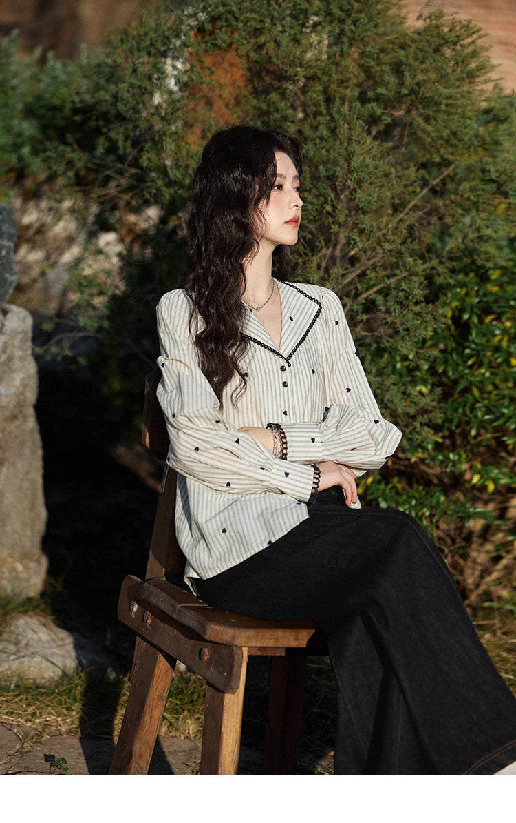 MISHOW Striped Bubble Sleeve Shirt Love Embroidered MXE12C0390