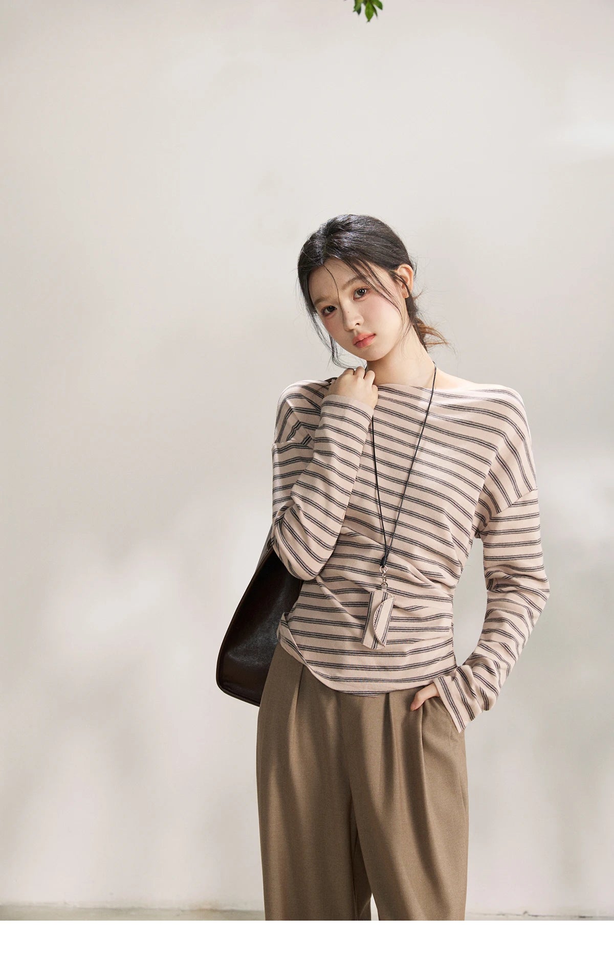 Mishow Striped Boat Neck T-Shirt with Necklace MXF13T1514