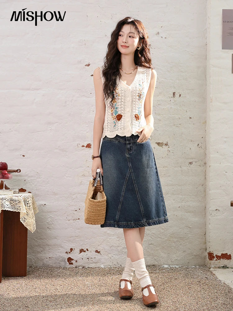 MISHOW Denim Fishtail Skirt Love Embroidered Pockets A-Line MXD28B0414