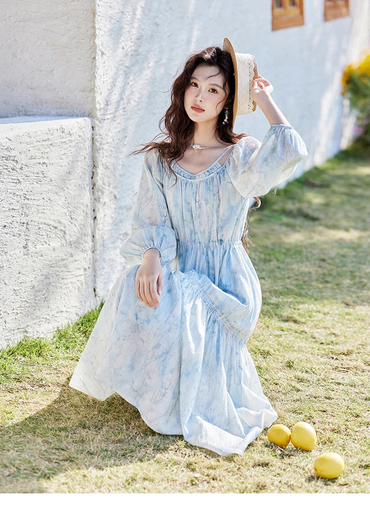 Mishow Blue Floral Chiffon Drawstring Lantern Sleeve Dress MXE16L2114