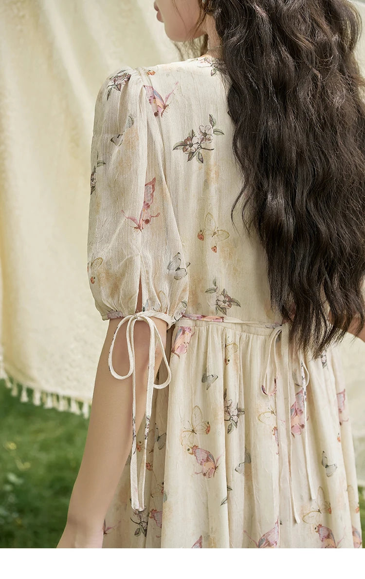 Mishow Butterfly Print V-Neck Lace-Up Bubble Sleeve Dress MXD15L1778