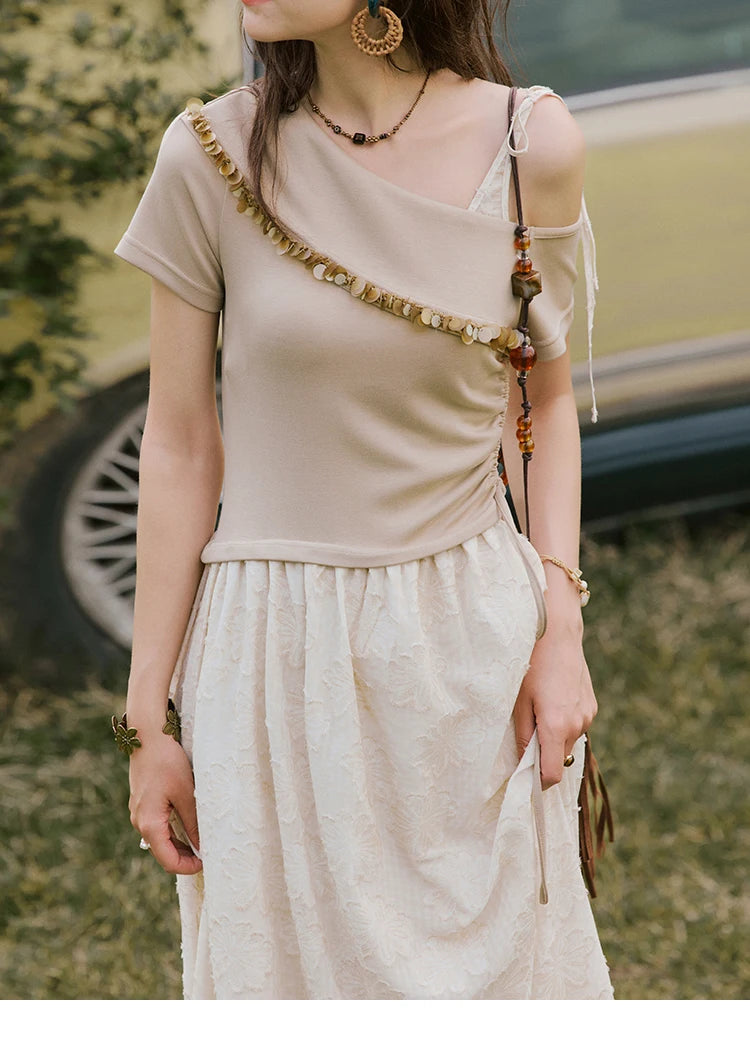 Mishow Off-Shoulder Knitted Patchwork Midi Dress MXE33L2207