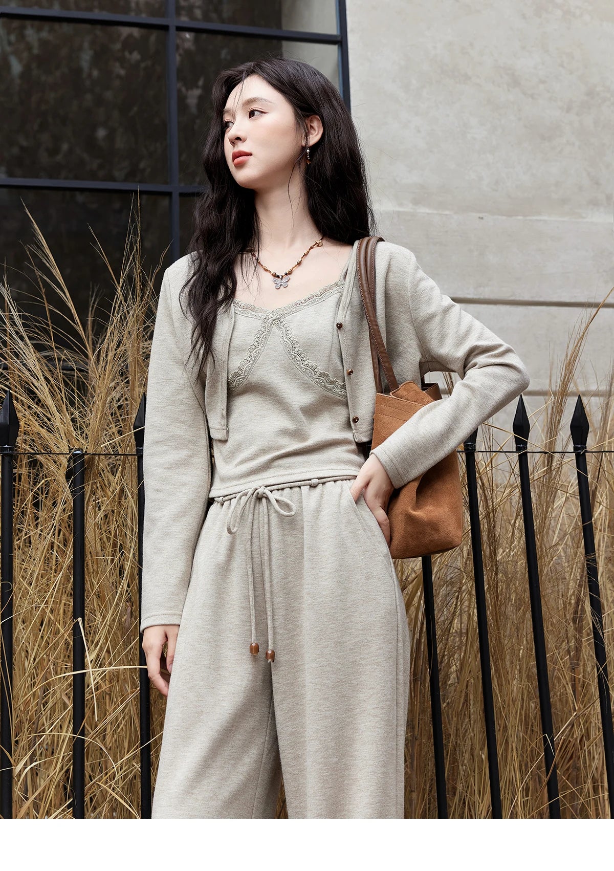 Mishow French Lace Splicing Camisole Cardigan & Straight Pants Set MXD47T0405