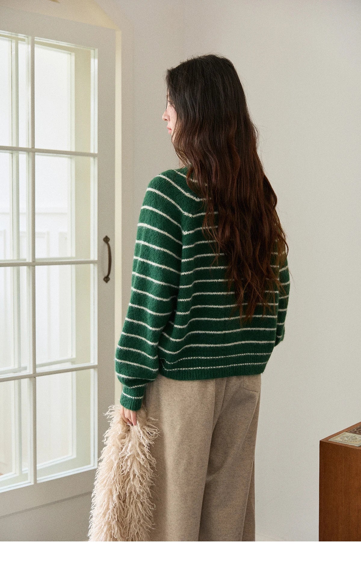 Mishow Green Striped Wool Blend Retro Cardigan MXE86Z2735