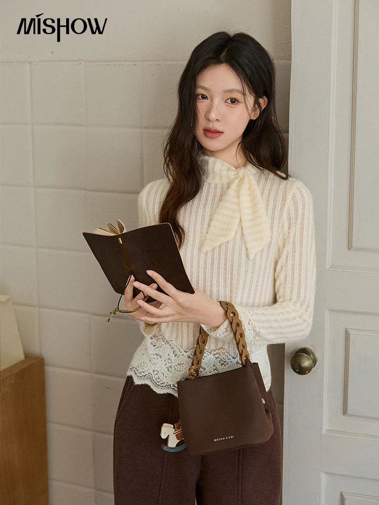 Mishow French Lace-Up Vertical Stripe Knit Top MXE92Z2797