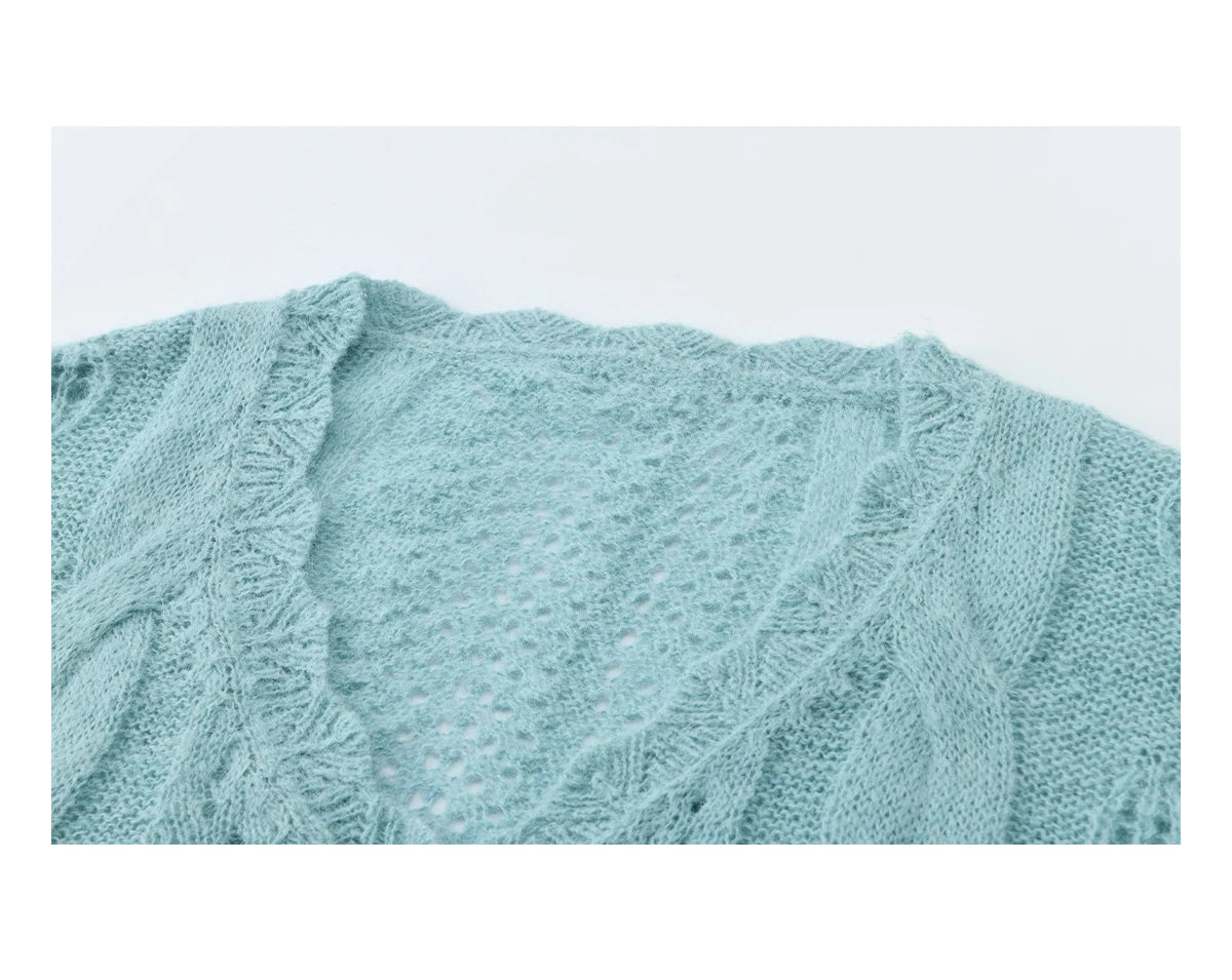 Mishow Blue Hollow Out V-Neck Wool Cardigan MXF13Z2975