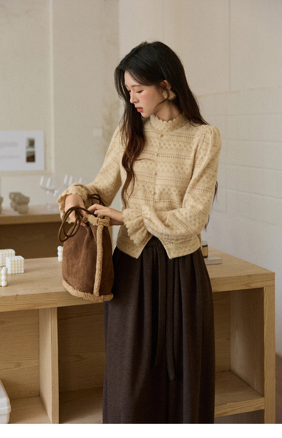 Mishow Thick Wool Blend Belted Patchwork Coat MXE92W0997
