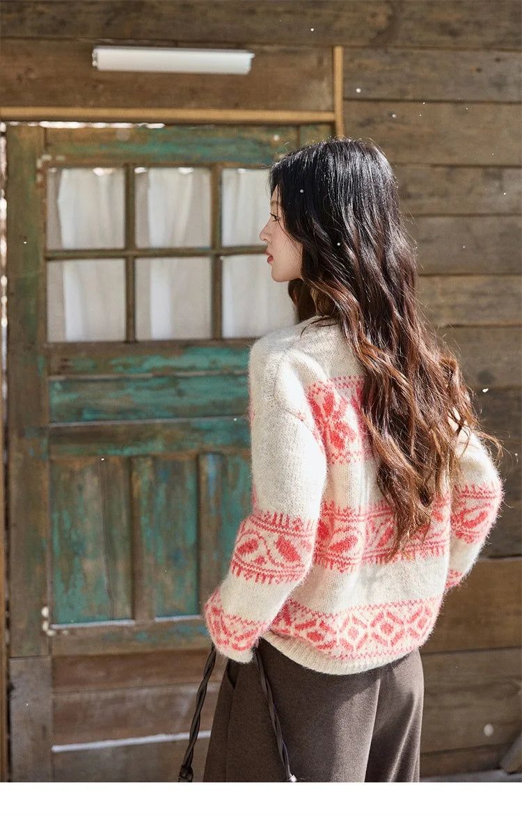Mishow Christmas Beige White Geometric Jacquard Sweater MXE93Z2938