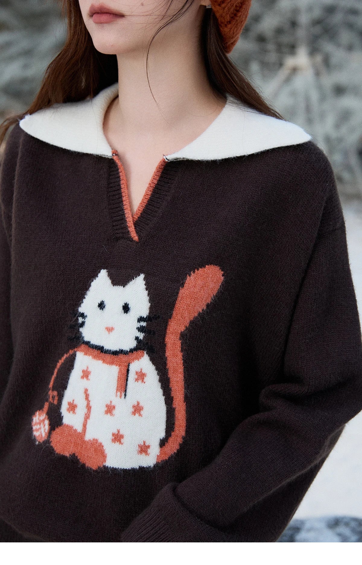 Mishow Retro Arctic Fleece Color Block Cat Sweater MXE90Z2835