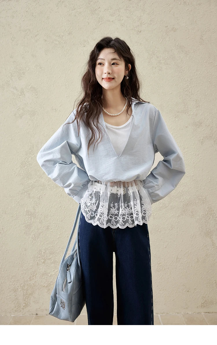 MISHOW French Fake Two-Piece Blouse Turn-Down Collar Lace Splicing MXE16C0783