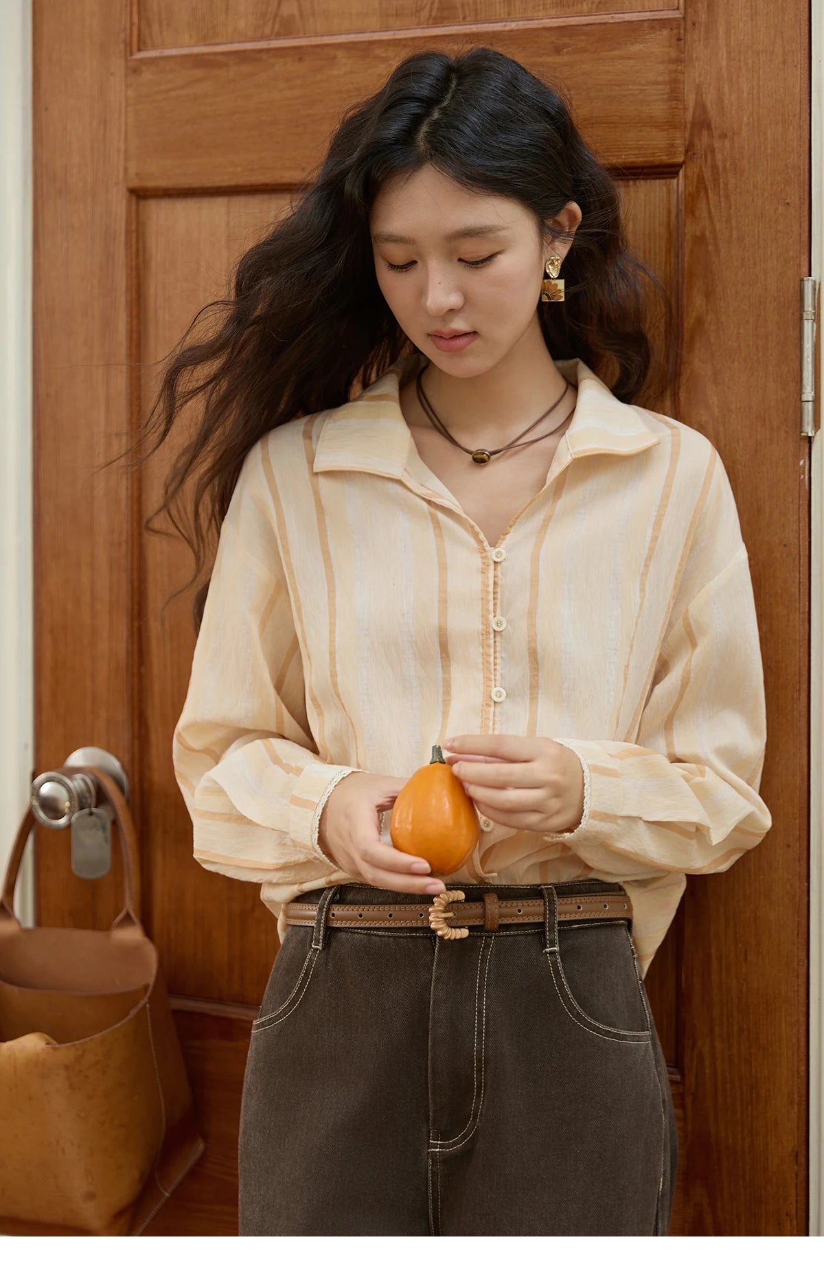 MISHOW Orange Stripe Linen Shirt Lapel Collar Lace Trim Cuffs MXE43C2379