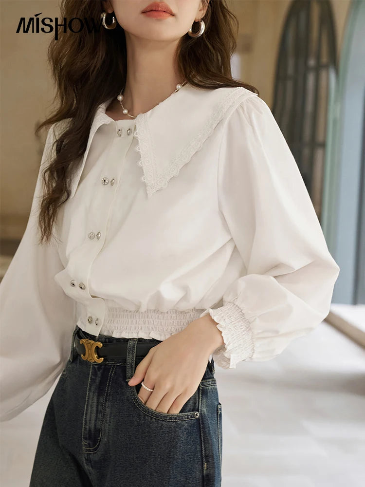 MISHOW Korean Doll Neck Shirt Lace Patchwork Bubble Sleeve Elastic Hem MXD12C0164