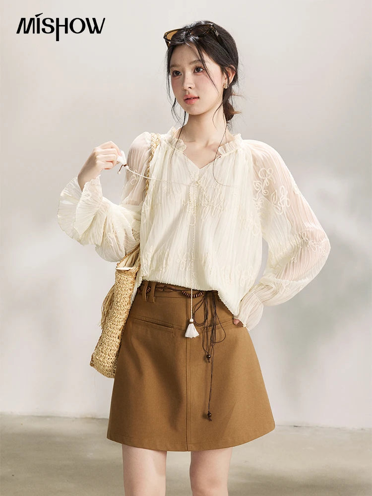 MISHOW Tassel Tie Flower Embroidered Blouse V-Neck Lantern Sleeve MXF13X2525