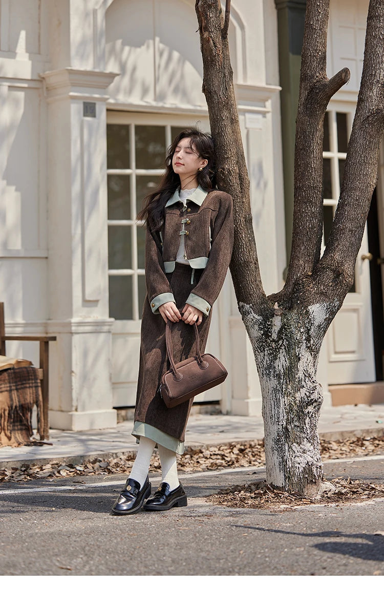 Mishow Fragrant Lapel Jacket & Contrasting Leather Skirt Set MXD43W0444