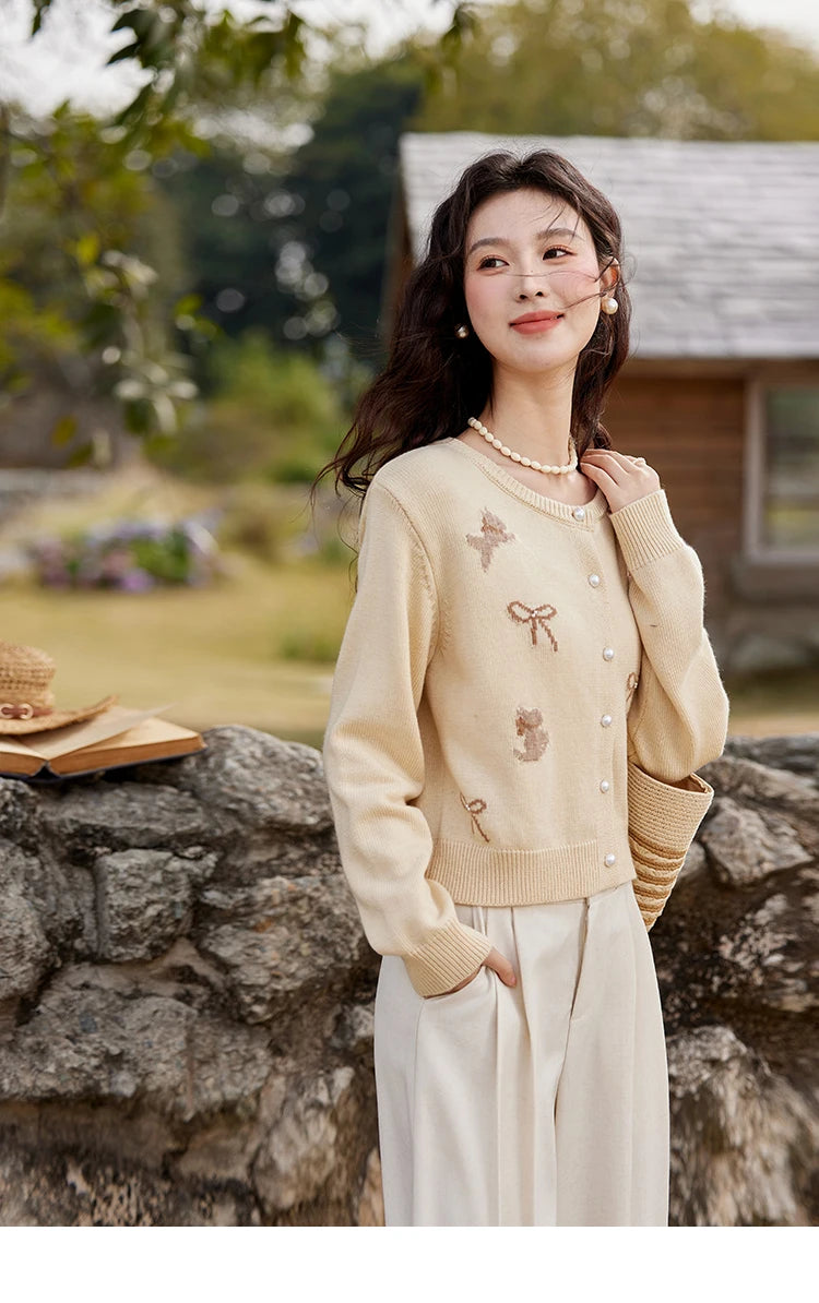 Mishow Yellow Dog Bow Jacquard Pearl Button Sweater MXE13Z1197