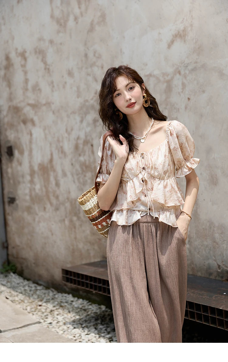 MISHOW Floral Print Square Neck Shirt Bubble Sleeve Patchwork MXD30X1565